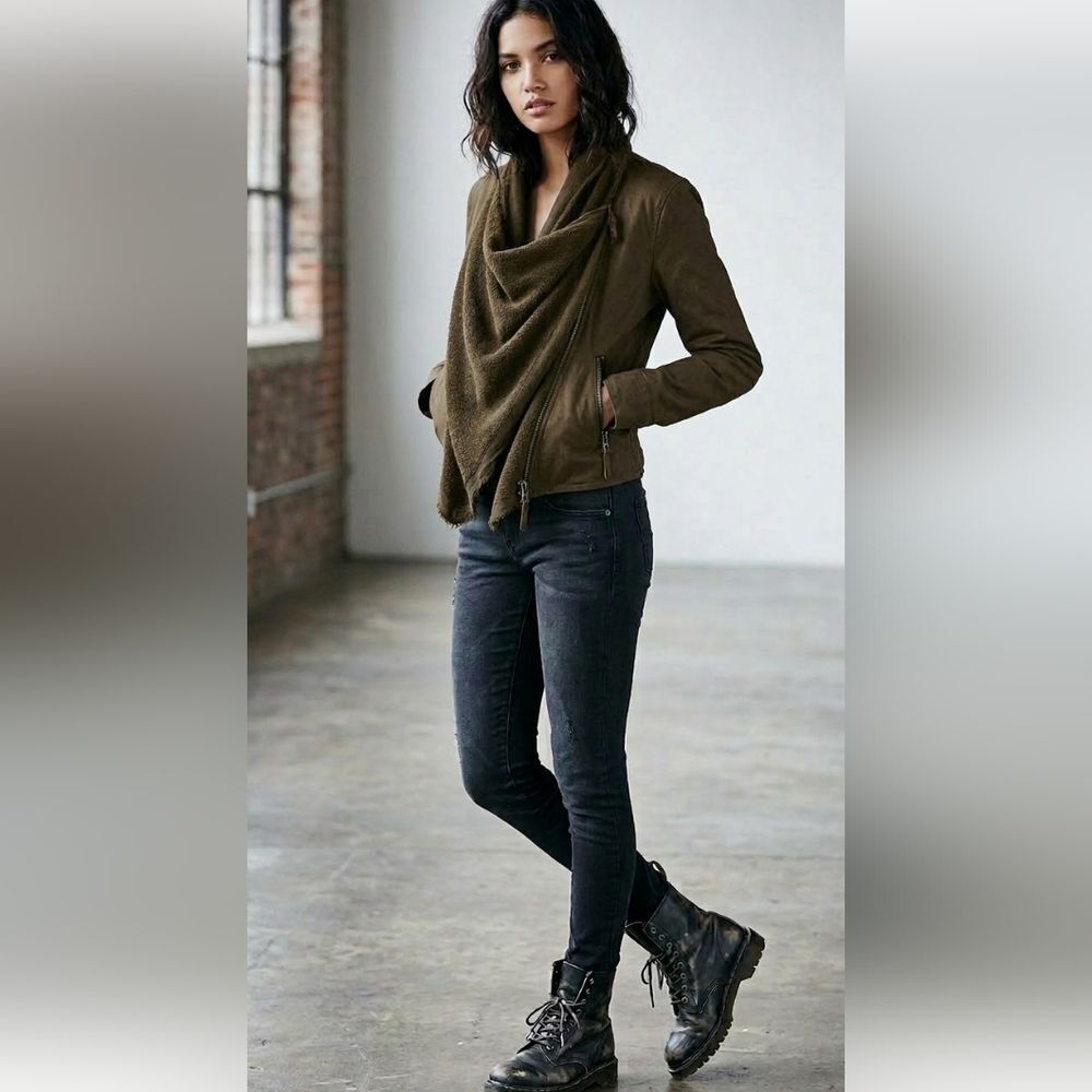 Free People Olive Green/Brown Draped Open Moto Jacket